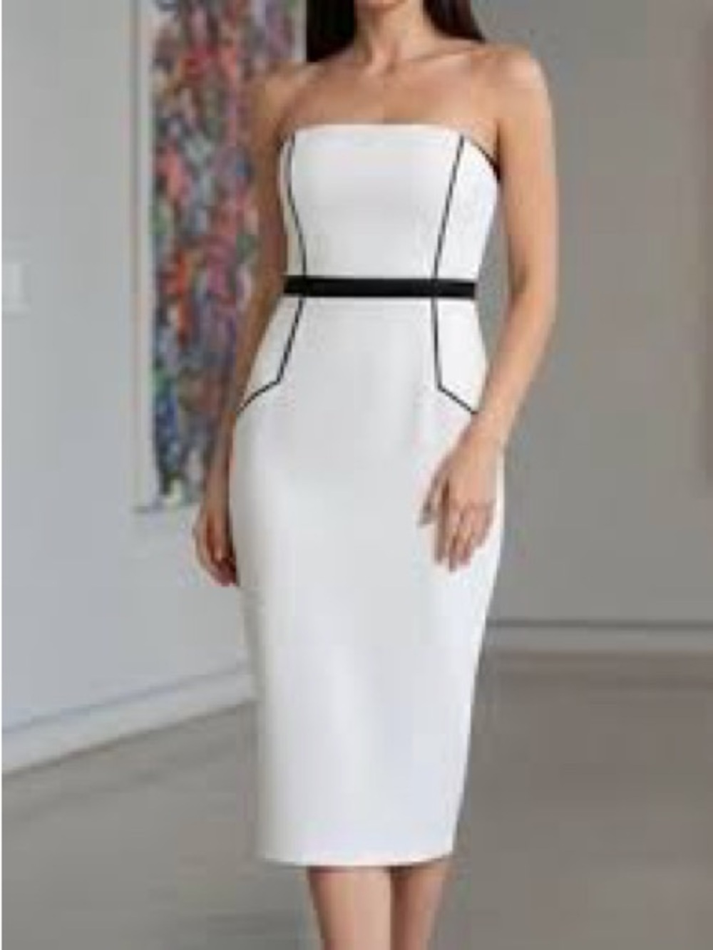 Express Strapless White Sheath Dress with Black Trim